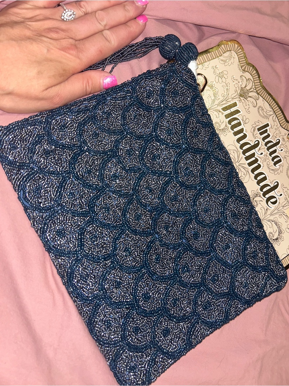 Handmade Beaded Navy Blue Wristlet Clutch